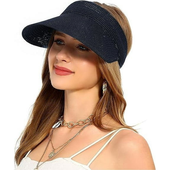 Sun Hat, Beach Hats for Women, Summer Wide Brim Rollable Straw Hat with UPF 50+ Sun Protection to Ensure the Hat is Durable and Comfortable Fits Most Women, Navy Blue