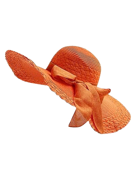 Sun Hat Breathable UV Protection Women Colorful Straw Bow Floppy Wide Beach Cap Sun Visor Orange