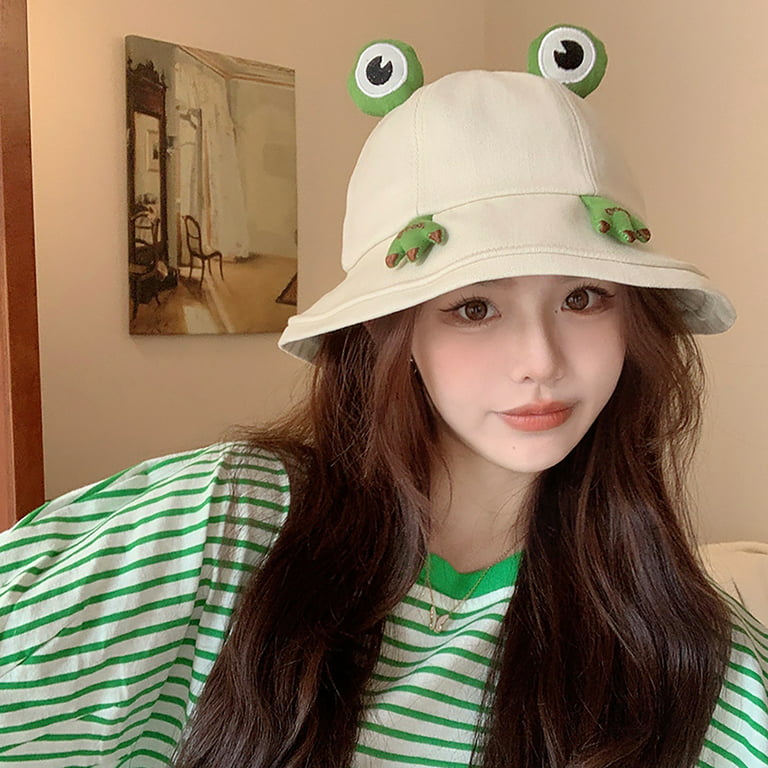 Sun Hat Cute Frog Design Sun Protection Wide Brim Cartoon Frog Women Bucket  Hat for Outdoor