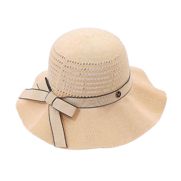 Sun Hat Folding Sun Protection Knitted Wide Brim Ribbon Bow Women Beach Hat for Outdoor