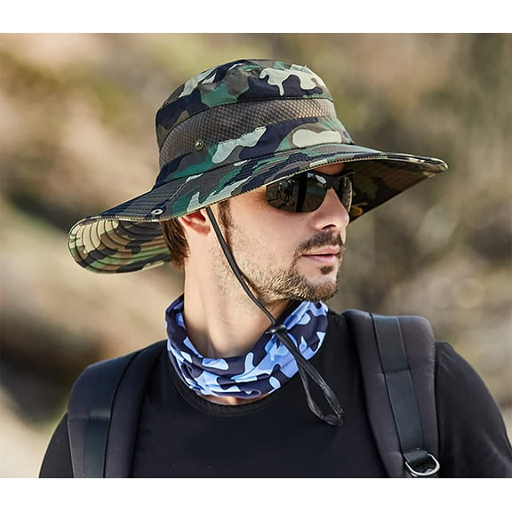 Sun Hat for Men, Adjustable Camouflage Waterproof Bucket Hat for Men, Sun Hat Wide Brim Packable Outdoor Mesh Fishing Breathable Boonie Cap, Army Green