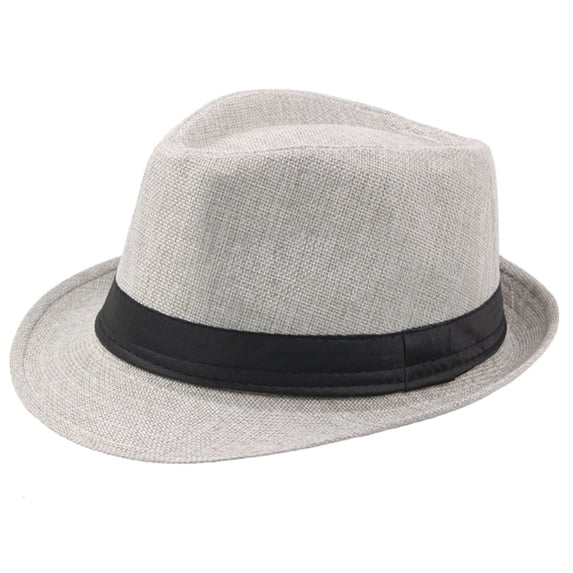 Sun Hat for Men Breathable Linen Fedora Trilby Style Summer Outdoor Protection Cap for Beach Travel and Casual Walking in Natural Light Khaki Tone A237 Gray