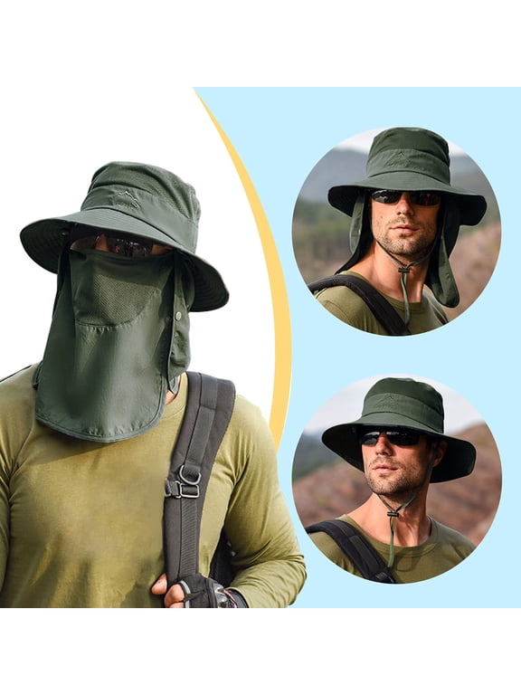 Sun Hat Men, Outdoor UPF 50+ UV Protection Caps with Face Cover & Neck Flap, Summer Wide Brim Hat for Fishing, Hiking and Camping, Boating, Armygreen