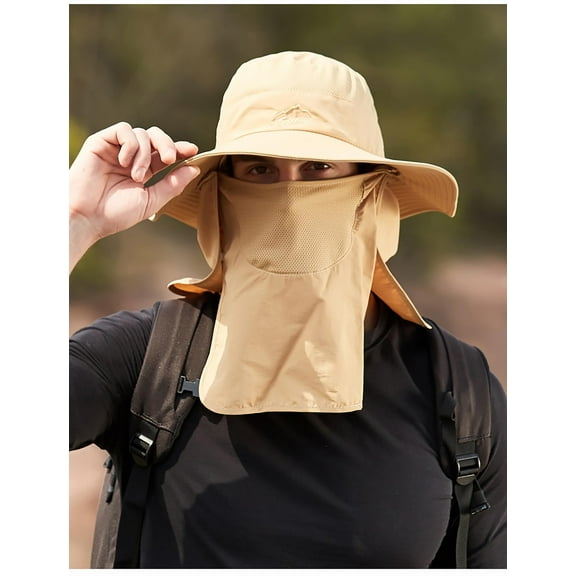Sun Hat Men, Outdoor UPF 50+ UV Protection Caps with Face Cover & Neck Flap, Summer Wide Brim Hat for Fishing, Hiking and Camping, Boating, Khaki