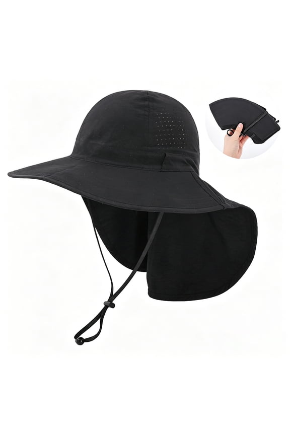 Sun Hat with Neck Flap Bucket Hat Breathable Outdoor Fishing Hat Wide Brim UV Shade Hat Adjustable Windproof Cord Foldable Hiking Camping Travel Hat for Men and Women