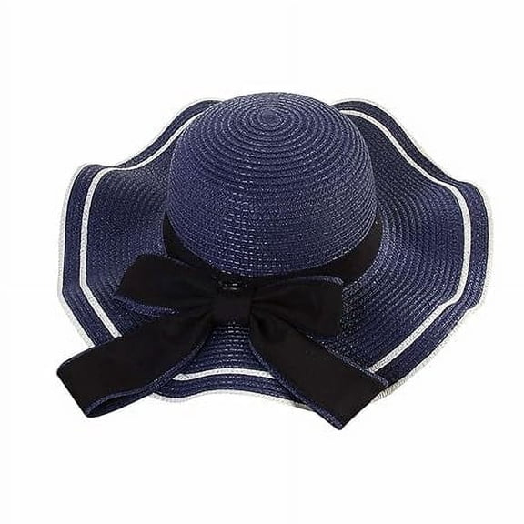 Sun Hat, Straw Hats for Women, Large Brim Summer UV Protection Foldable Beach Bucket Hats with Bowknot for Camping or Beach Party, Blue, 56‑58cm/22‑22.8in