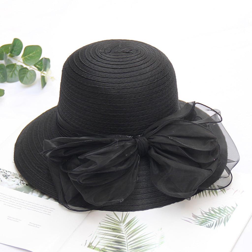 D-groee Women Church Hat Mesh Flower Wedding Tea Party Fascinator Hat Wide Brim Sun Hat, Women's, Size: One size, Black