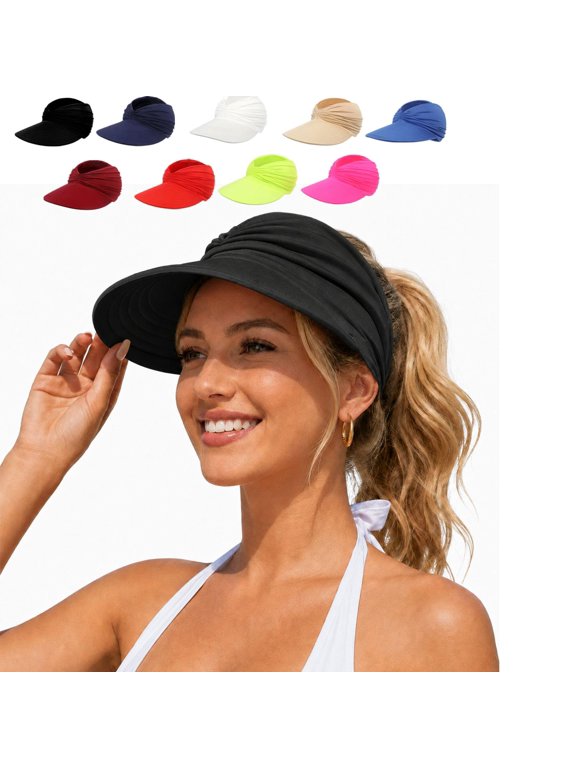 Sun Hat Women's UPF 50+ UV Protection Sun Visor Hat, Wide Brim Lightweight Foldable Ponytail Cap for Summer Beach