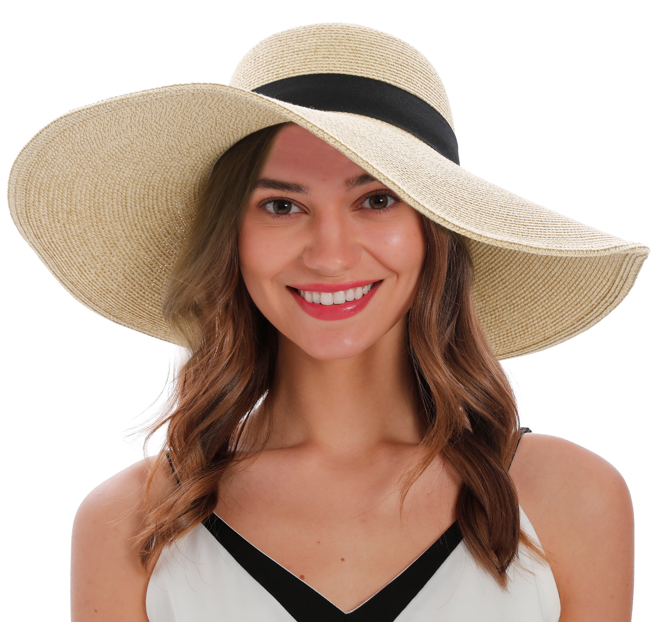 Sun Hat Womens Wide Brim Sun Hat Women UV protection foldable Sun Hat Travel  Hat Women Straw Floppy Hat with Strap,Mix Beige, SM 