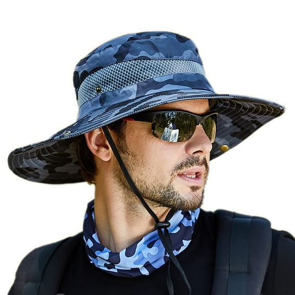 Sun Hat for Men, Adjustable Camouflage Waterproof Bucket Hat for Men, Sun Hat Wide Brim Packable Outdoor Mesh Fishing Breathable Boonie Cap, Blue