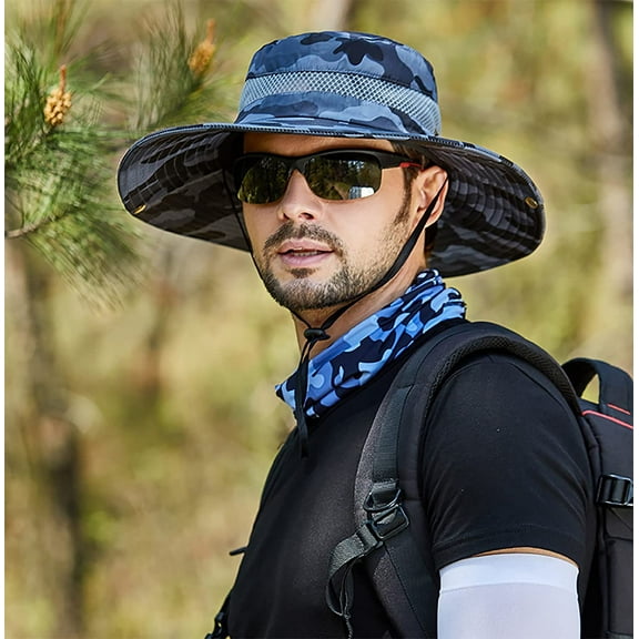 Sun Hat for Men, Adjustable Camouflage Waterproof Bucket Hat for Men, Sun Hat Wide Brim Packable Outdoor Mesh Fishing Breathable Boonie Cap, Gray