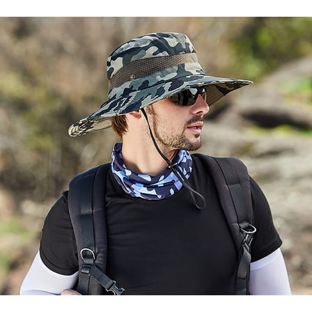 Sun Hat for Men, Adjustable Camouflage Waterproof Bucket Hat for Men, Sun Hat Wide Brim Packable Outdoor Mesh Fishing Breathable Boonie Cap, Khaki