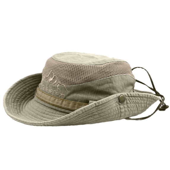 Sun Hat for Men, Cotton Embroidery Summer Outdoor Sun Protection Wide Brim Bucket Hat Foldable Safari Boonie Hat Khaki