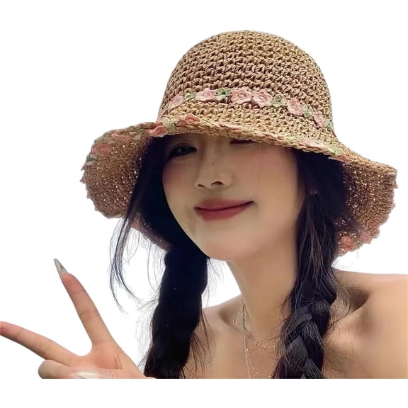Sun Hat for Women, Hollow-Out Wide Brim Beach Cap with Flower Foldable Summer Floppy Knitted Hat for Outdoor