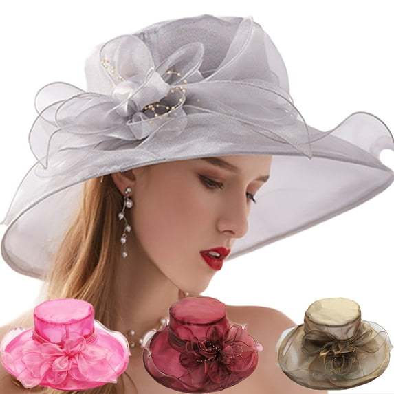 Sun Hat for Women - Mesh Firm Stitching Flower Decor Wide Brim Medieval Beach Organza Church Fascinator Hat