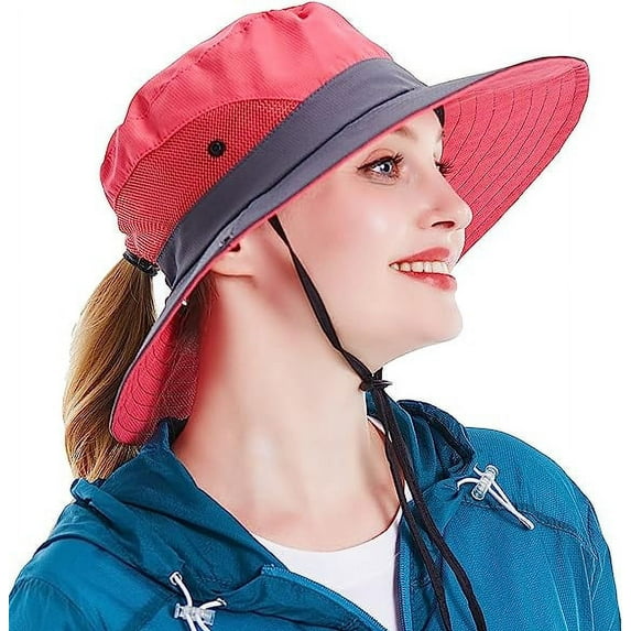 Sun Hat for Women UV Protection Bucket Fishing Hat with Ponytail-Hole, Foldable Outdoor Sun Hats Mesh Wide Brim Beach Hat