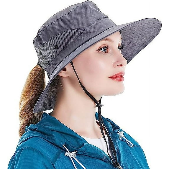 Sun Hat for Women UV Protection Bucket Fishing Hat with Ponytail-Hole, Foldable Outdoor Sun Hats Mesh Wide Brim Beach Hat