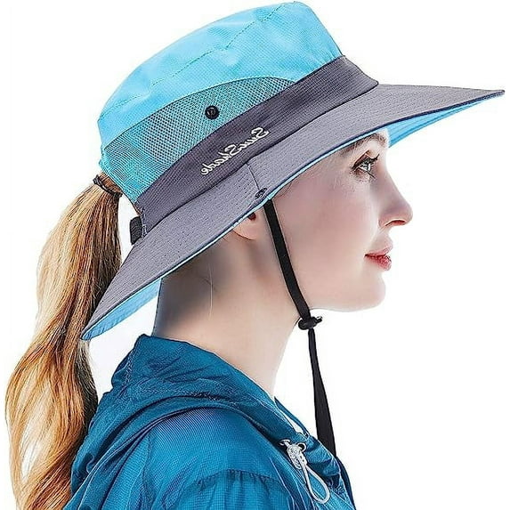 Sun Hat for Women UV Protection Bucket Fishing Hat with Ponytail-Hole, Foldable Outdoor Sun Hats Mesh Wide Brim Beach Hat