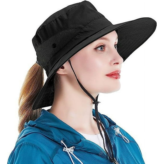 Sun Hat for Women UV Protection Bucket Fishing Hat with Ponytail-Hole, Foldable Outdoor Sun Hats Mesh Wide Brim Beach Hat