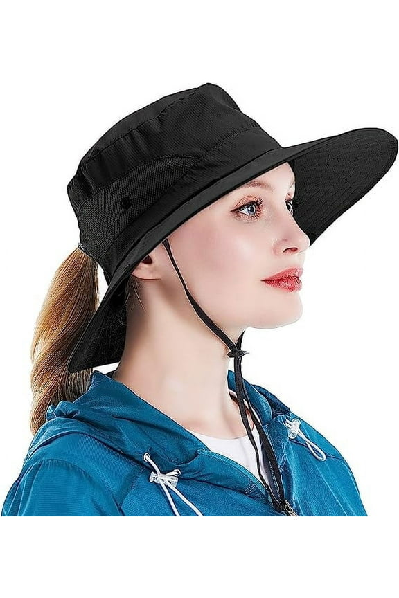 Sun Hat for Women UV Protection Bucket Fishing Hat with Ponytail-Hole, Foldable Outdoor Sun Hats Mesh Wide Brim Beach Hat