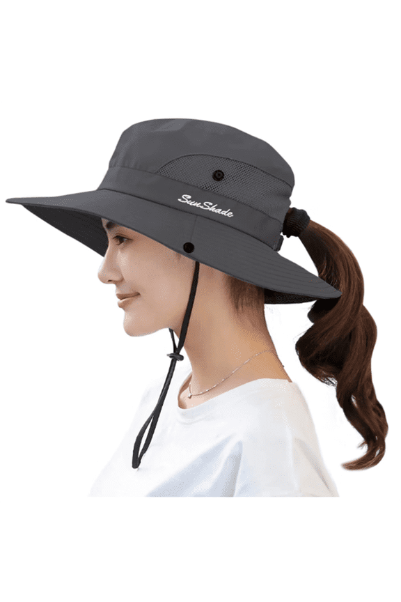 Sun Hat for Women UV Protection Foldable Mesh Wide Brim Beach Adjustable Fishing Hat, Grey