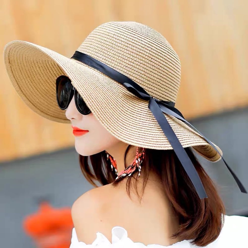 Women Summer Casual Big Wide Brim Beach Sun Hat Foldable Cap,White 