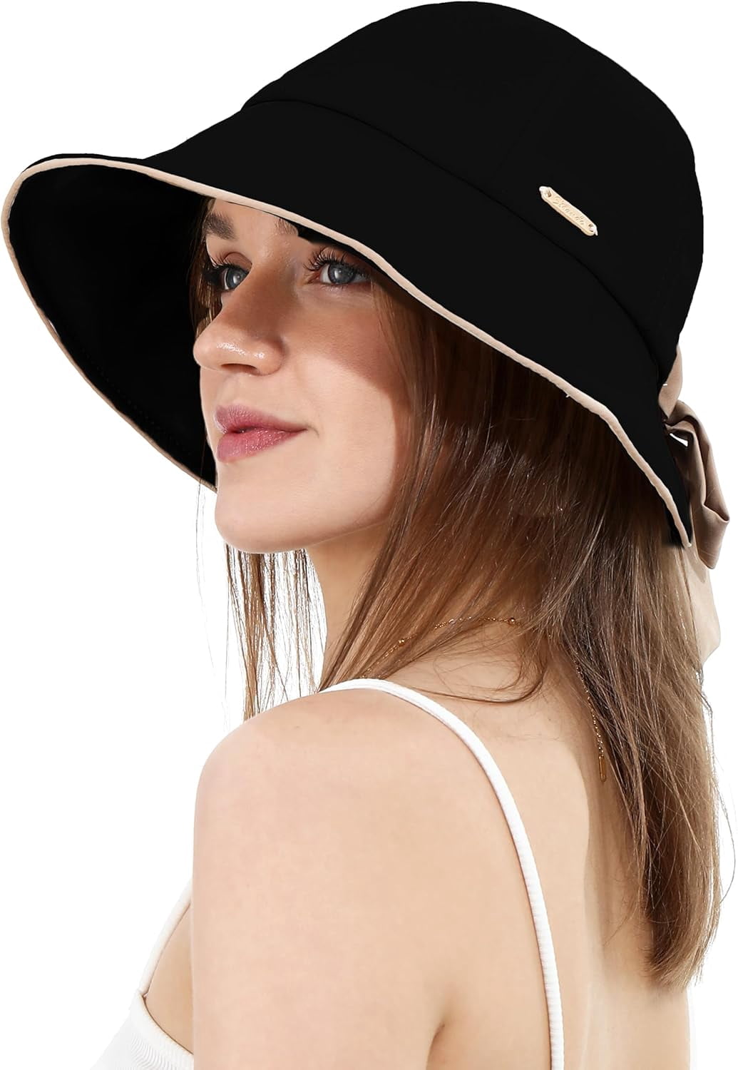 Women\'s Sun Hat Wide Brim Bucket Hats with Bow Ponytail Hole UV Protection Solid Wide Brim Ponyflo Sunblocker® with Back Bow – Ponyflo  main image 3