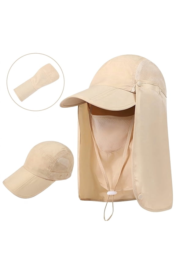 Sun Hat with Neck Flap Face Mask, Foldable Fishing Hat for Men Women Sun Protection Baseball Cap, Khaki
