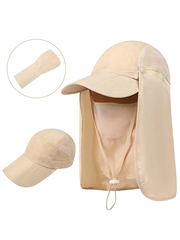 Sun Hat with Neck Flap Face Mask, Foldable Fishing Hat for Men Women Sun Protection Baseball Cap, Khaki
