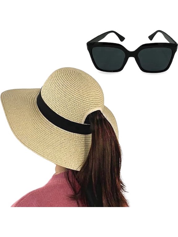 Women's Floppy Sun Hat with Sunglasses, UPF 50+ Packable Straw Beach Hat