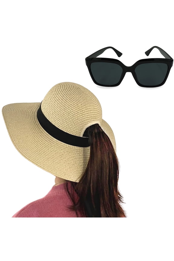 Sun Hat with Ponytail Hole for Women With Sunglasses - Summer Beach Accessory by 4E's Novelty