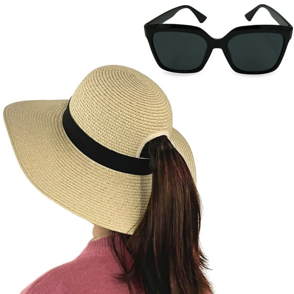 Sun Hat with Ponytail Hole for Women With Sunglasses - Summer Beach Accessory by 4E's Novelty