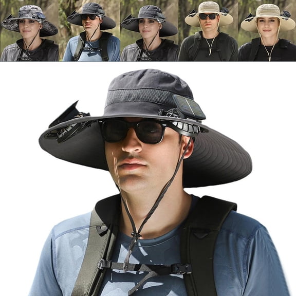 Sun Hat with Solar Powered Fan, HOMEYA Summer UV Protection Wide Brim Caps Fishing Hat with Two Solar Fans, Gray
