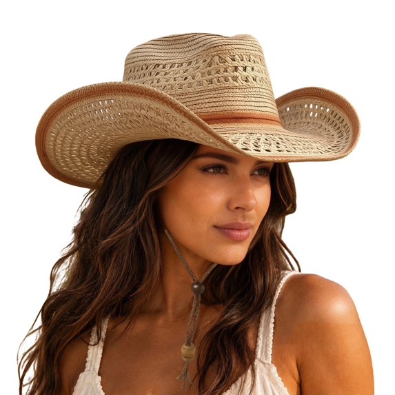 Sun Hat with Western Cutout Design and Wide Brim for Beach Travel Outdoor Cowboy Style Lightweight