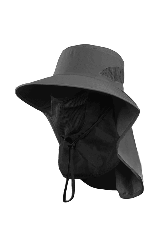 Sun Hats, Breathable Wide Brim Fishing Hat, UPF 50+ UV Protection Bucket Hat with Neck Flap and Removable Face Cover for Fishing Hiking Men Women, Dark Grey