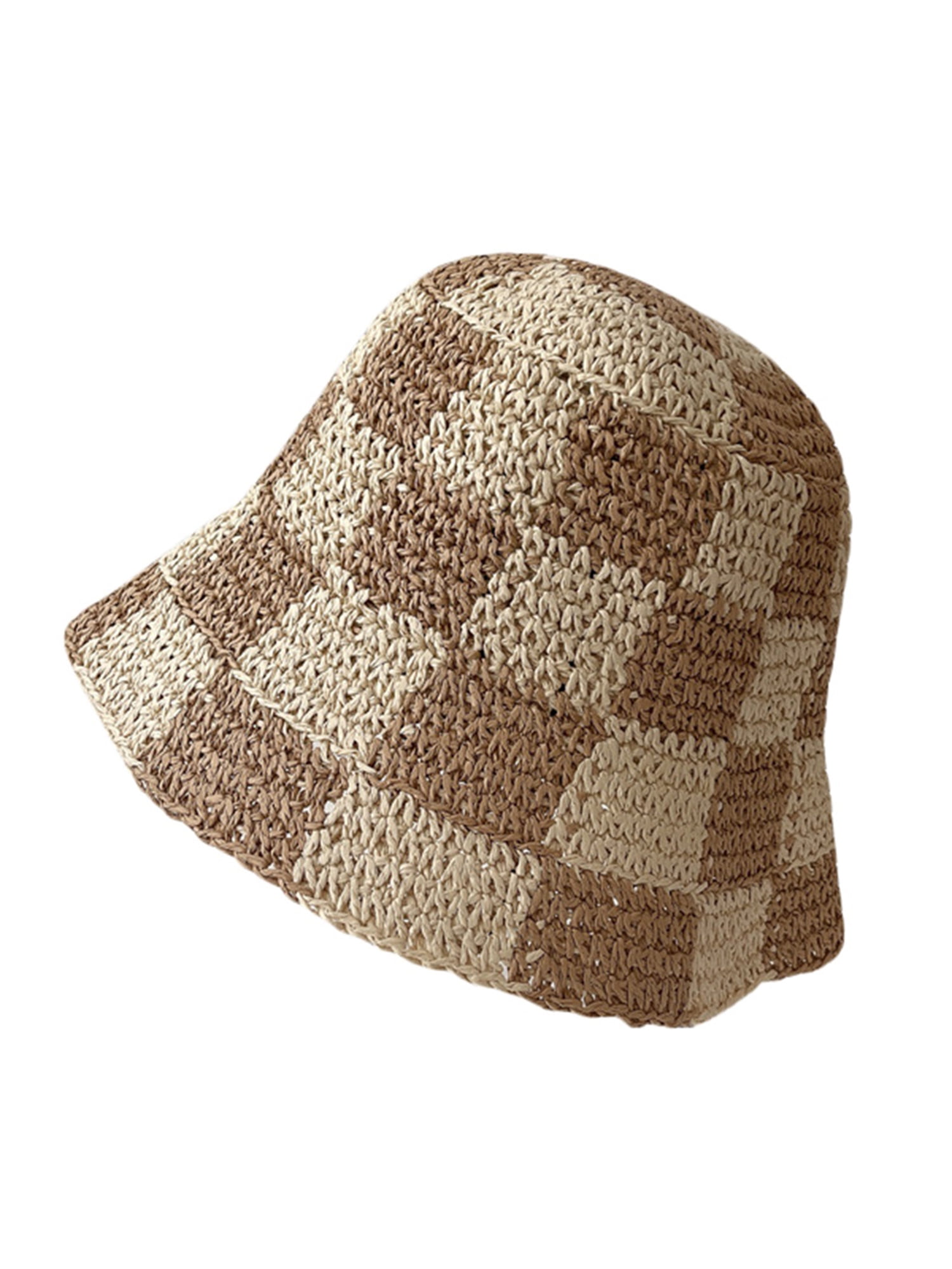 Sun Hats Checkerboard Straw Bucket Hat for Women Crochet 