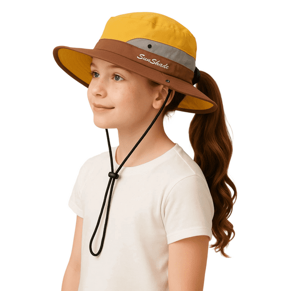 Kids Sun Hat, Wide Brim Bucket Hat for UV/Sun Protection, Foldable Cowboy Hats with Ponytail Hole, Cooling Mesh Fishing Hat for Beach Outdoor, Yellow & Brown