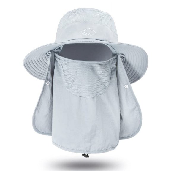 Sun Hats for Men, UPF 50  UV Protection Caps with Drawstring, Wide Brim Sun Hat with Face Cover & Neck Flap, Hiking Hat Windproof Strap for Men and Women, Foldable, Light Gray
