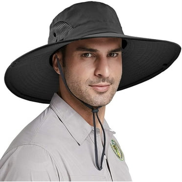Sun Hats for Men, Wide Brim Fishing Sun Hat, Waterproof UPF 50  UV Protection Caps with Drawstring Two Wearing Styles, Summer for Fishing Hiking Safari Outdoor, Black