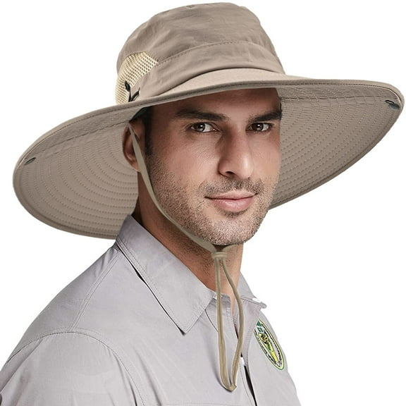 Sun Hats for Men, Wide Brim Fishing Sun Hat, Waterproof UPF 50  UV Protection Caps with Drawstring Two Wearing Styles, Summer for Fishing Hiking Safari Outdoor, Beige