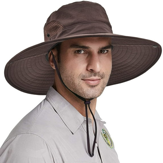 Sun Hats for Men, Wide Brim Fishing Sun Hat, Waterproof UPF 50+ UV Protection Caps with Drawstring Two Wearing Styles, Summer for Fishing Hiking Safari Outdoor, Brown