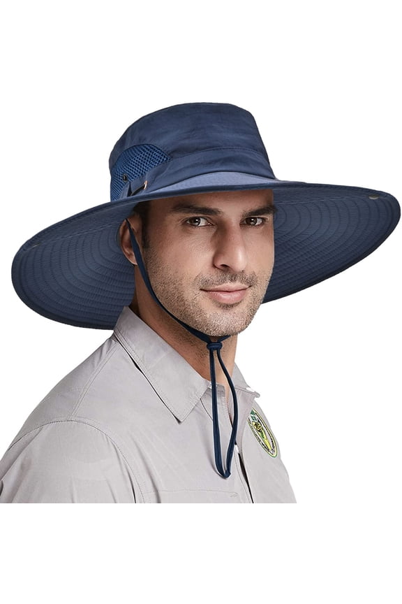 Sun Hats for Men, Wide Brim Fishing Sun Hat, Waterproof UPF 50+ UV Protection Caps with Drawstring Two Wearing Styles, Summer for Fishing Hiking Safari Outdoor, Navy Blue