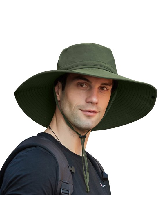 Sun Hats for Men, Wide Brim Sun Block Windproof Adjustable Rope Cap, UPF 50+ UV Protection Waterproof Hat, Two Wearing Styles for Fishing Hiking Safari Outdoor, Army Green