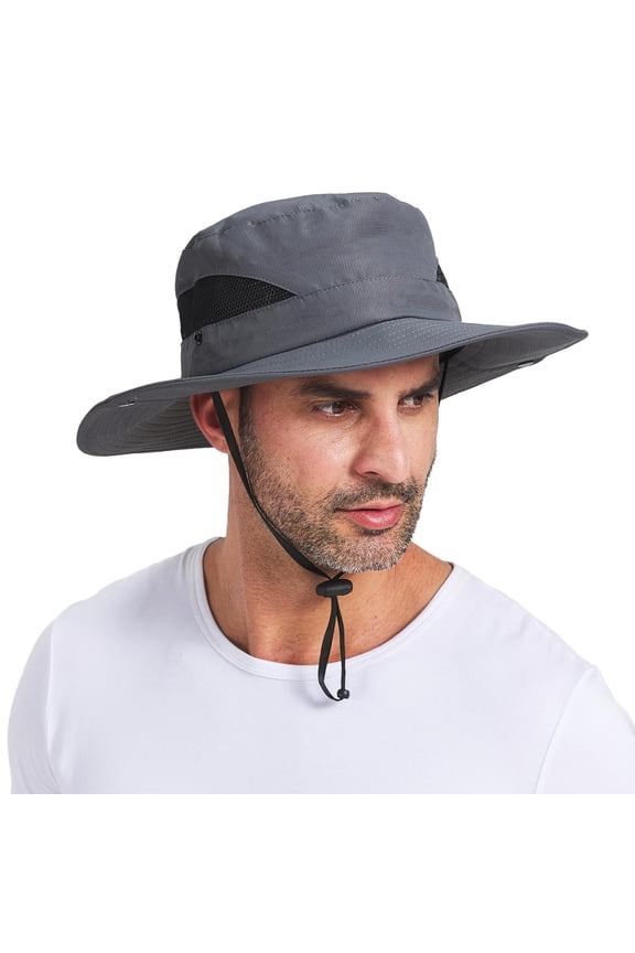 Sun Hats for Men, Wide Brim UPF 50+ UV Protection Caps, Mesh Quick-Drying Sun-Proof Outdoor Mountaineering Hat, Folding Packable with Drawstring, Dark Gray