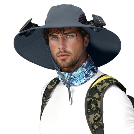 Sun Hats for Men Women with 3 Solar Fans Wide Brim Fans Fishing Hat Water Resistant Breathable Mesh Outdoor Fishing Hiking Camping Hat with Adjustable Chin Strap