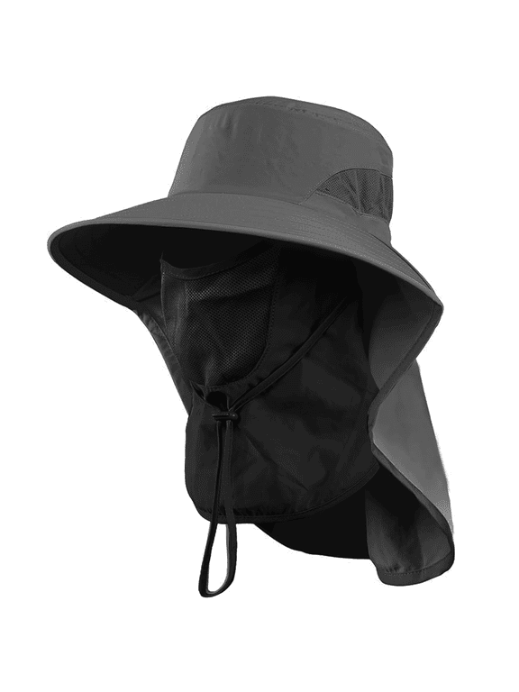Sun Hats, Breathable Wide Brim Fishing Hat, UPF 50+ UV Protection Bucket Hat with Neck Flap and Removable Face Cover for Fishing Hiking Men Women, Dark Grey