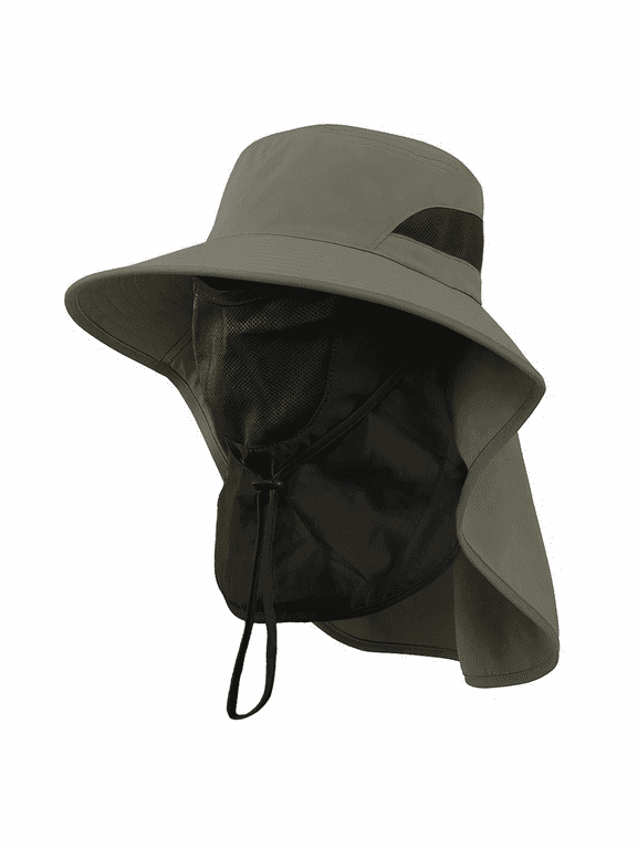 Sun Hats, Breathable Wide Brim Fishing Hat, UPF 50+ UV Protection Bucket Hat with Neck Flap and Removable Face Cover for Fishing Hiking Men Women, Army Green