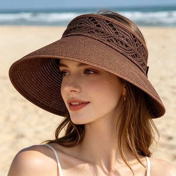 Sun Hats Visor for Women UV UPF Hollow Straw Beach Hat Wide Brim Wrap Around Design for Outdoor Travel Coffee