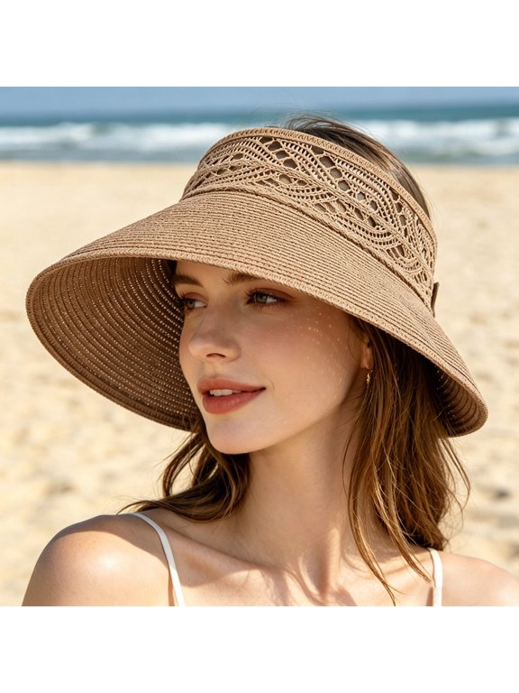 Sun Hats Visor for Women UV UPF Hollow Straw Beach Hat Wide Brim Wrap Around Design for Outdoor Travel Khaki