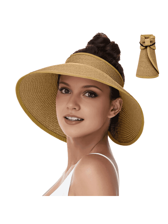 Sun Hats Visor for Women, UV UPF Straw Beach Hat Foldable Wide Brim Ponytail Summer Hats Packable Travel